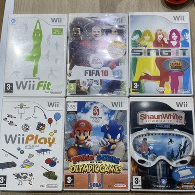 Nintendo Wii (PAL) UK Console + 6 Games, Remotes, Cables Bundle Joblot